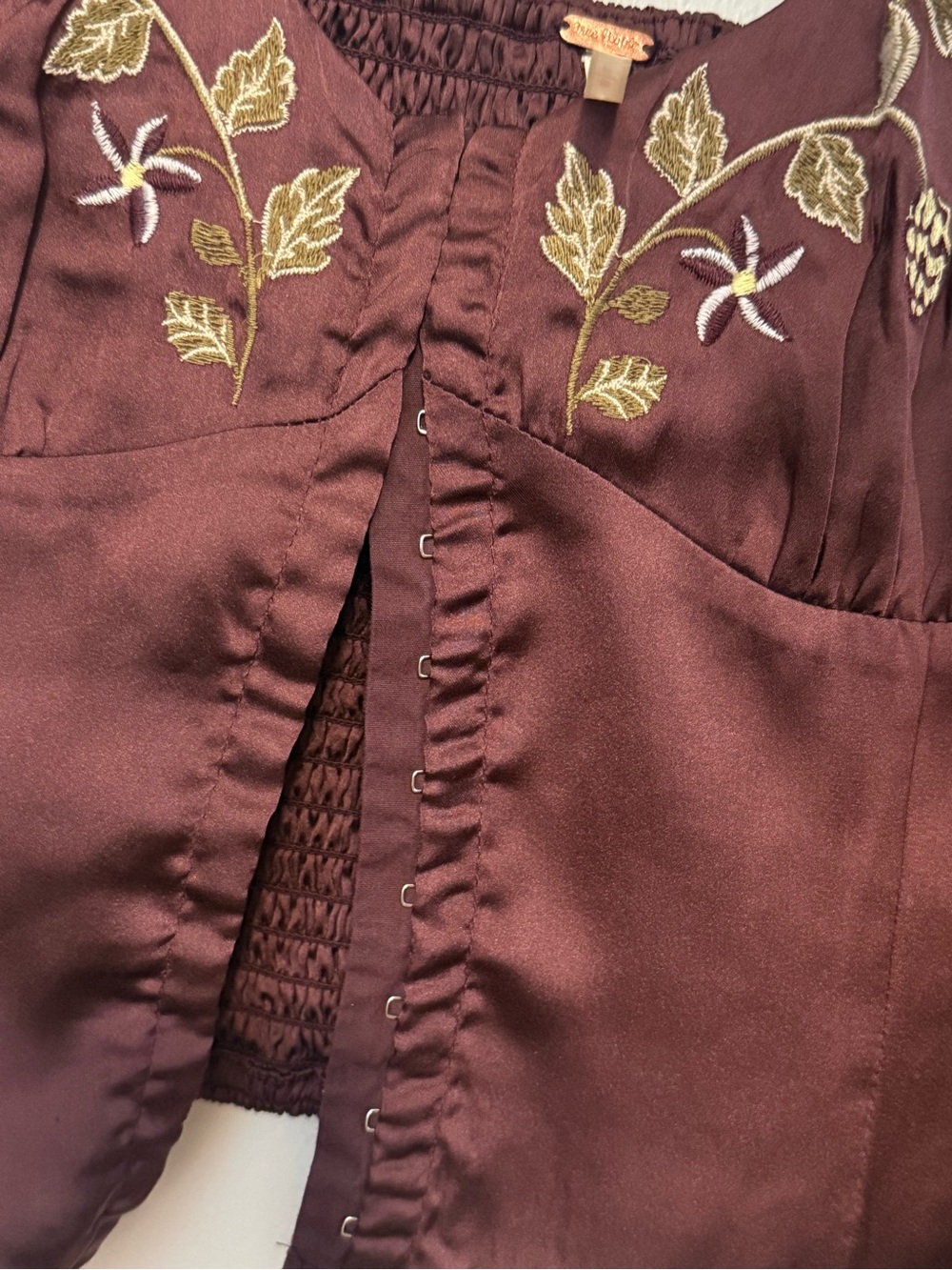 Free People Wine Satin Embroidered Hook-Front Blouse